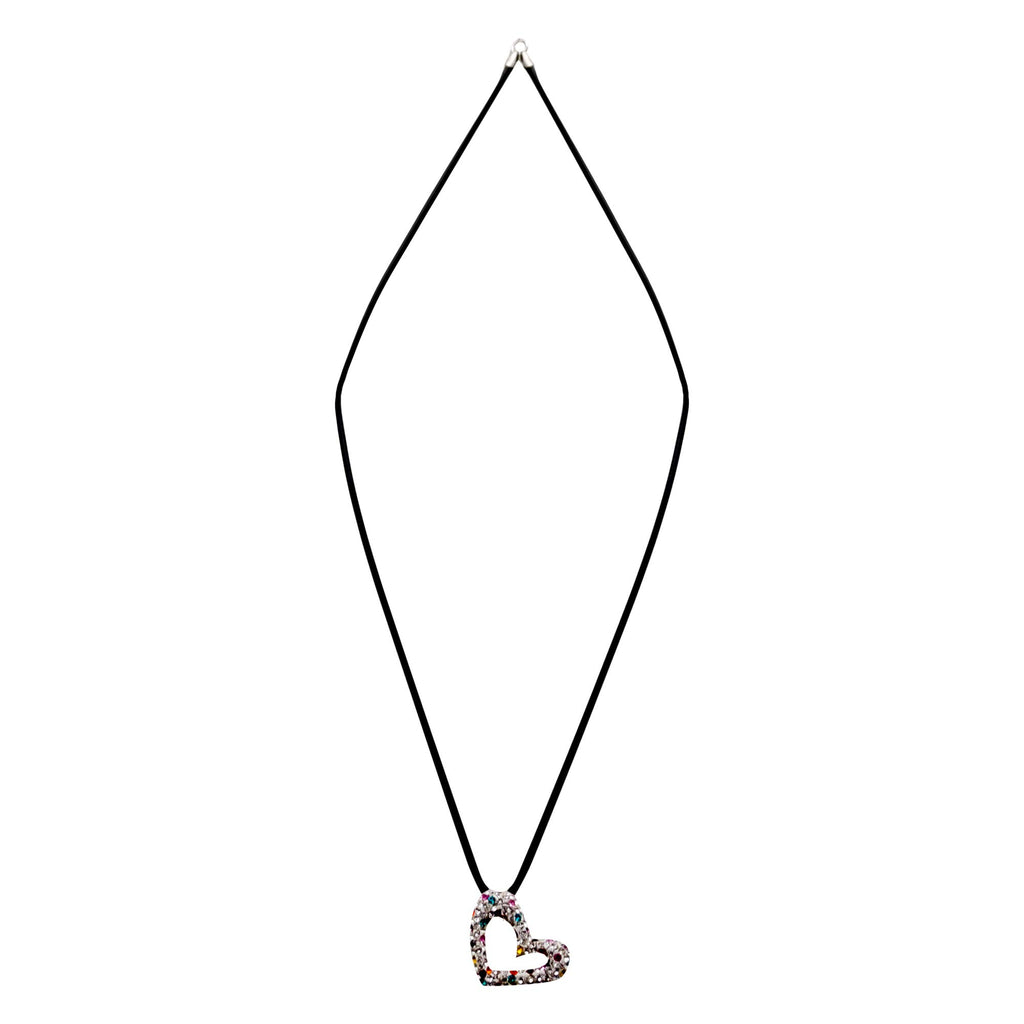 Off Centre White Heart with Multi Coloured Crytals on Neckcord Gift - Silver - Keepsake - Birthday Gift Idea