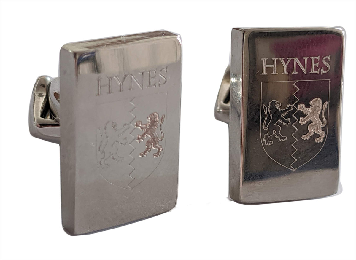Irish Family Coat of Arms Crest and name Engraved on to Silver Plated Cufflinks - Stainless Steel - Gift Boxed - Novelty Cufflinks - Formal Shirt Cuff Links