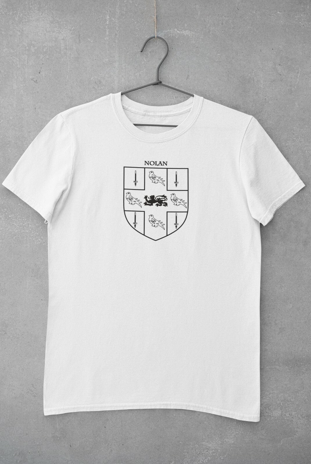 Nolan family crest printed on a white cotton T-shirt – view 2