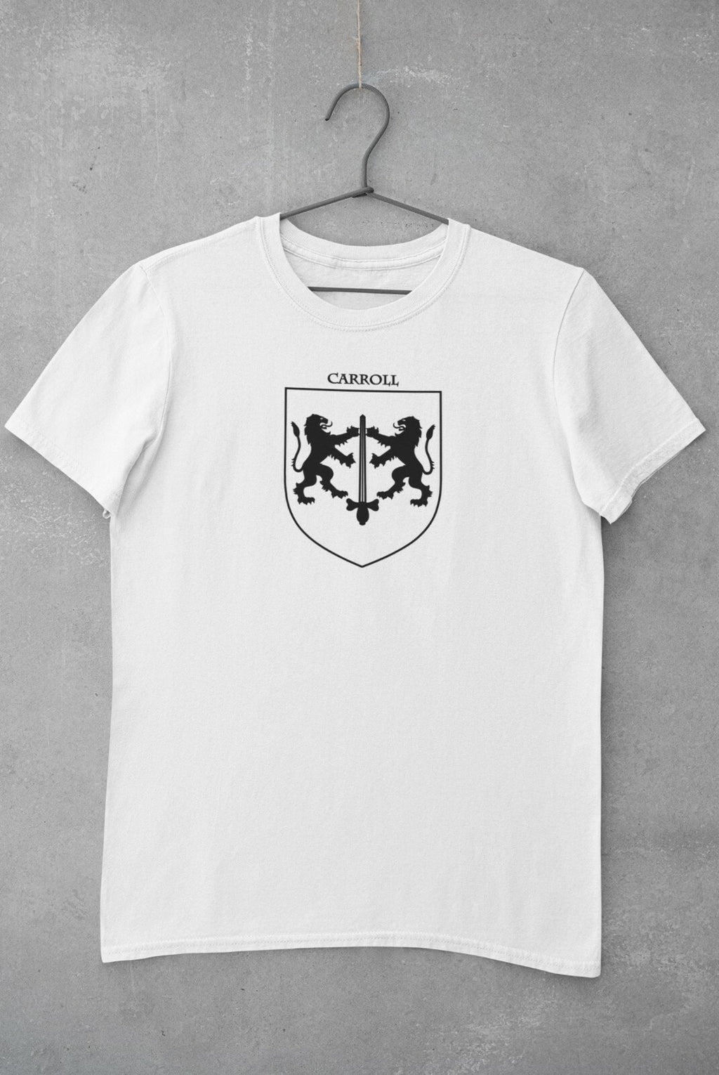 Carroll family crest printed on a white cotton T-shirt