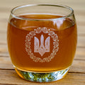 Ukrainian Tryzub trident crest engraved on a glass tumbler