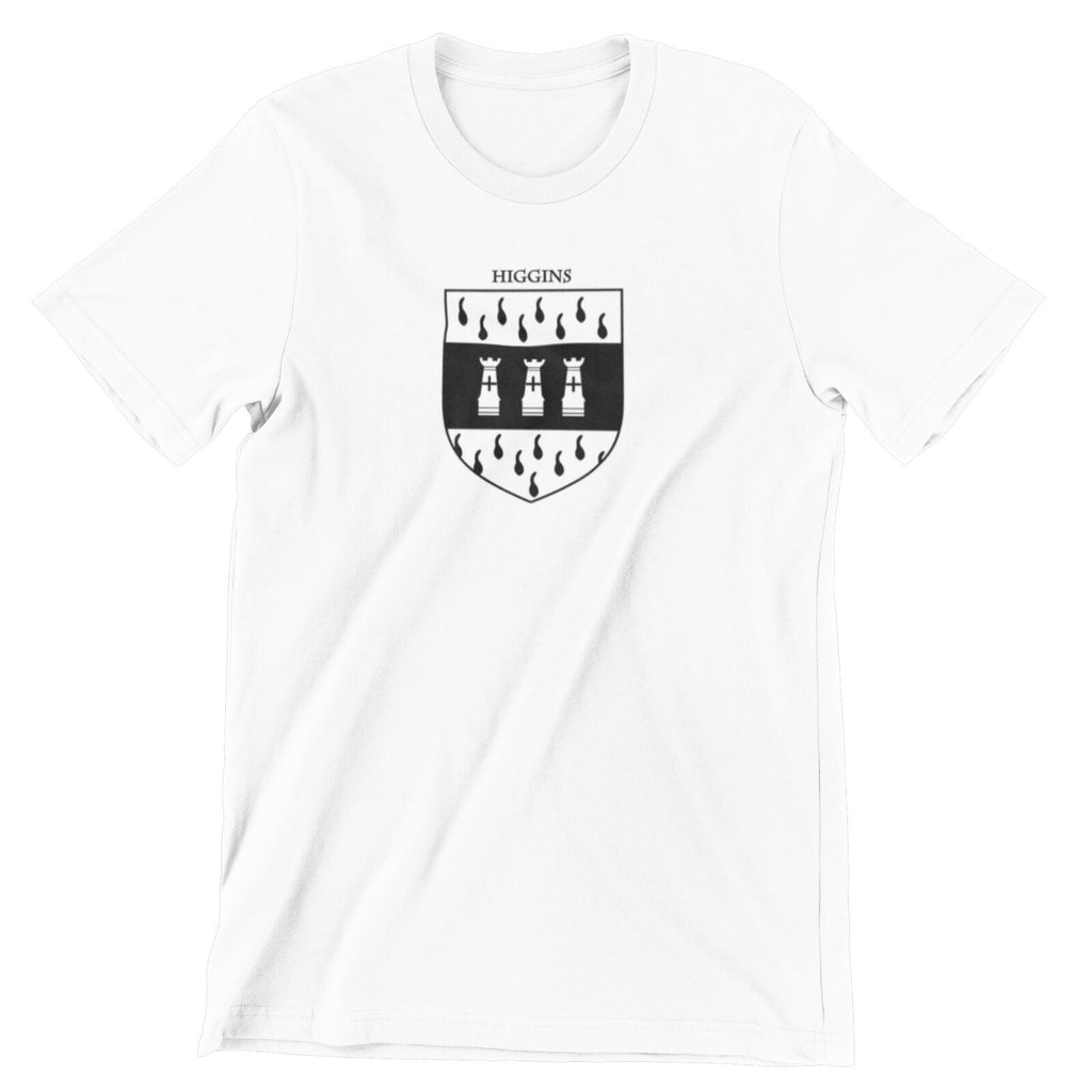 Higgins family crest printed on a white cotton T-shirt