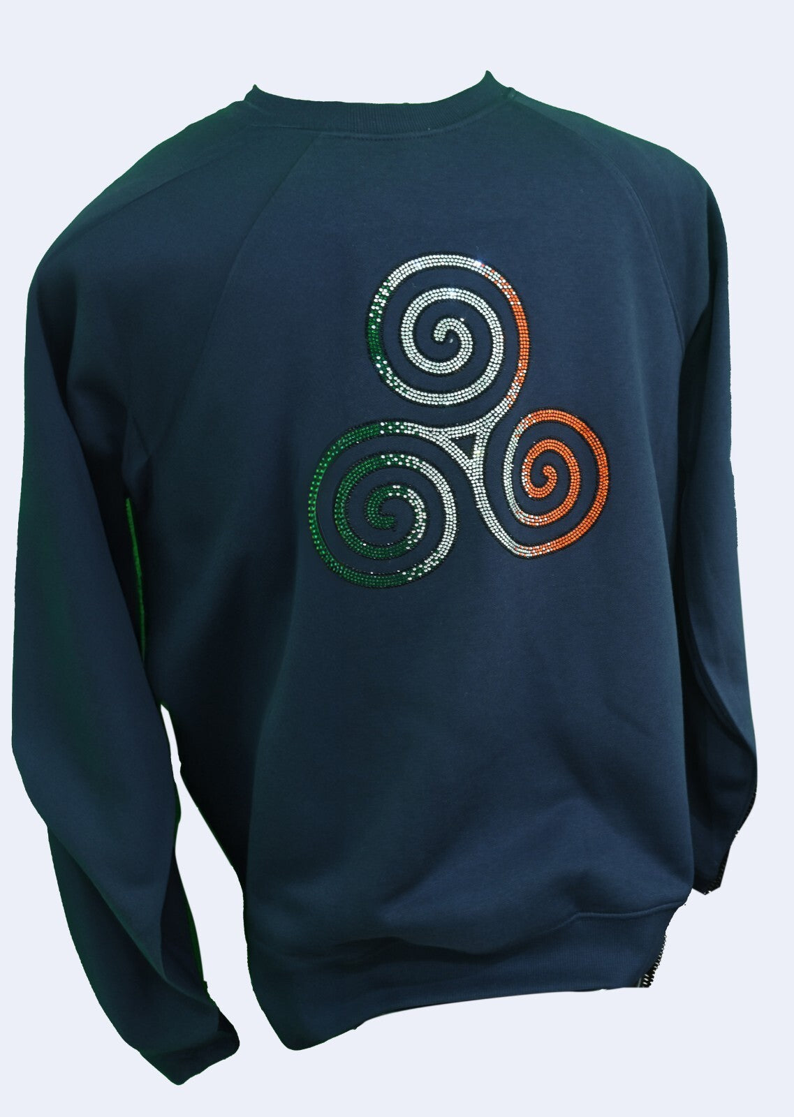 Navy jumper with a sparkling Triskelion Celtic knot in Irish tricolour rhinestones