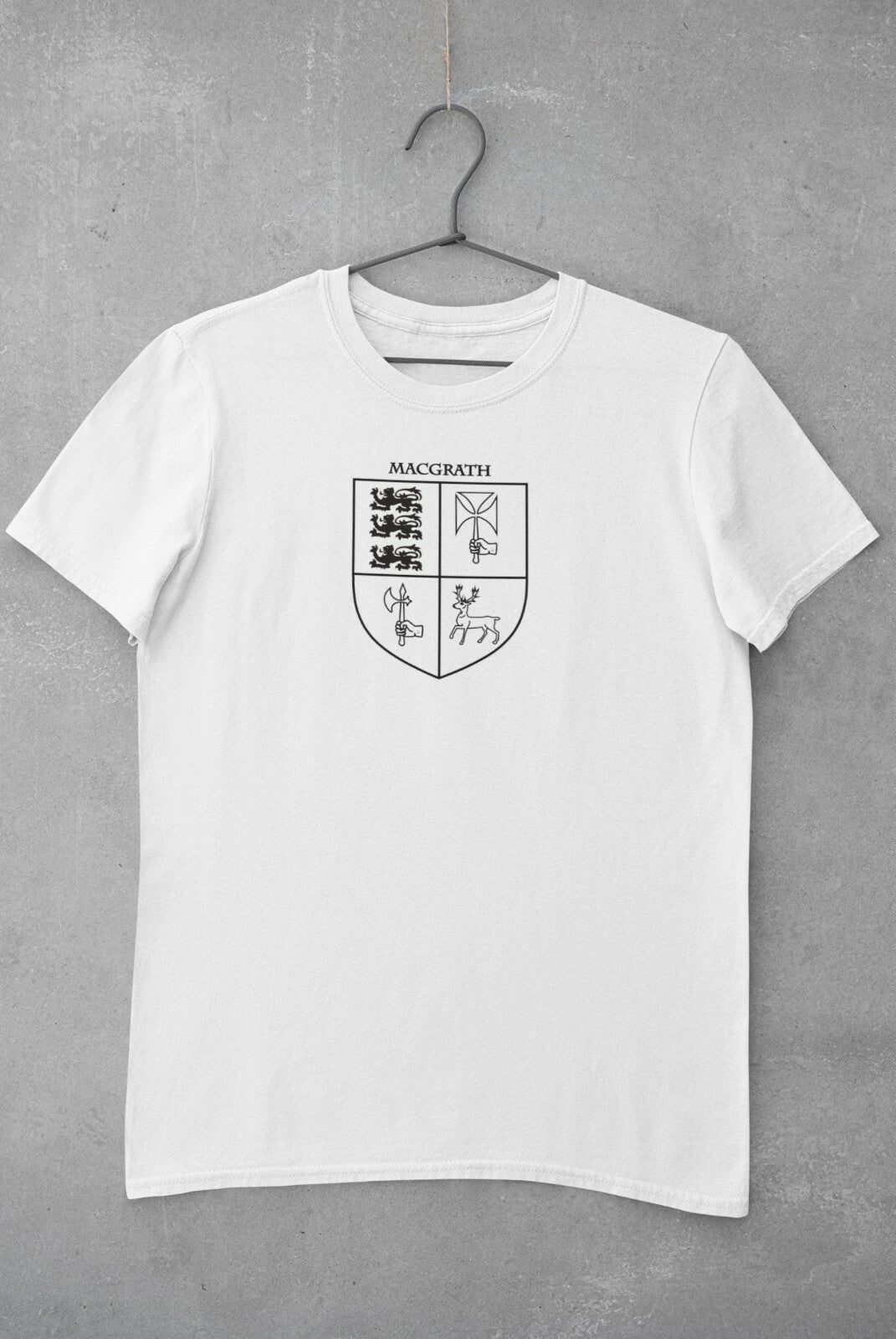 MacGrath family crest printed on a white cotton T-shirt – view 2
