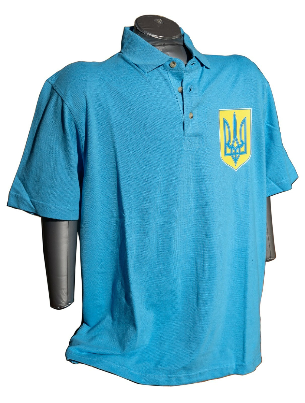 Sea blue polo shirt with the Ukrainian Tryzub trident crest on the chest – view 2