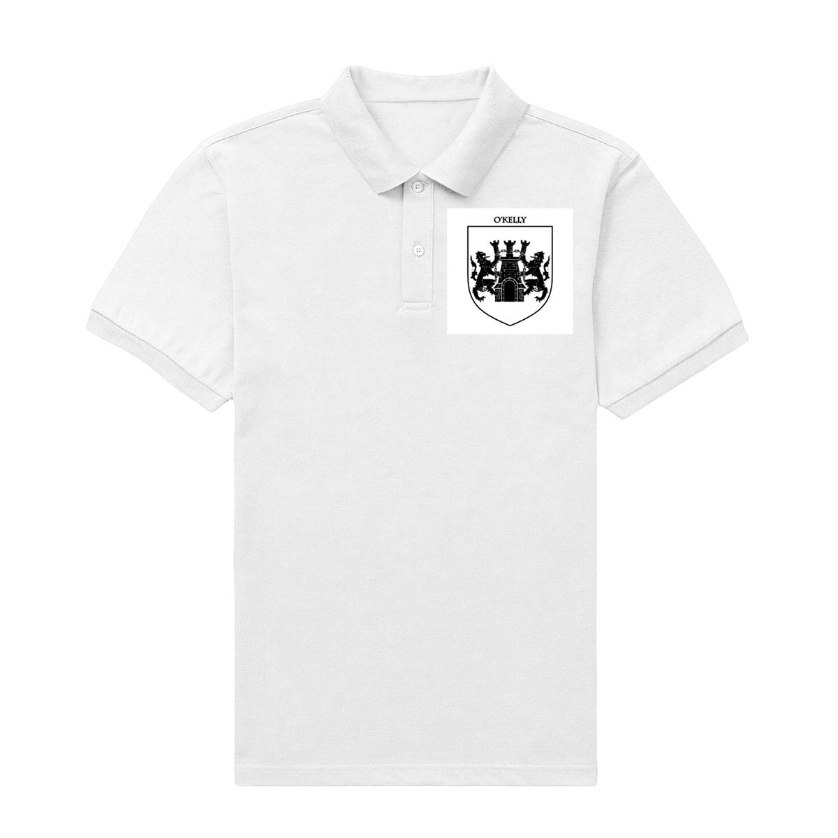 O'Kelly family crest printed on a white cotton T-shirt