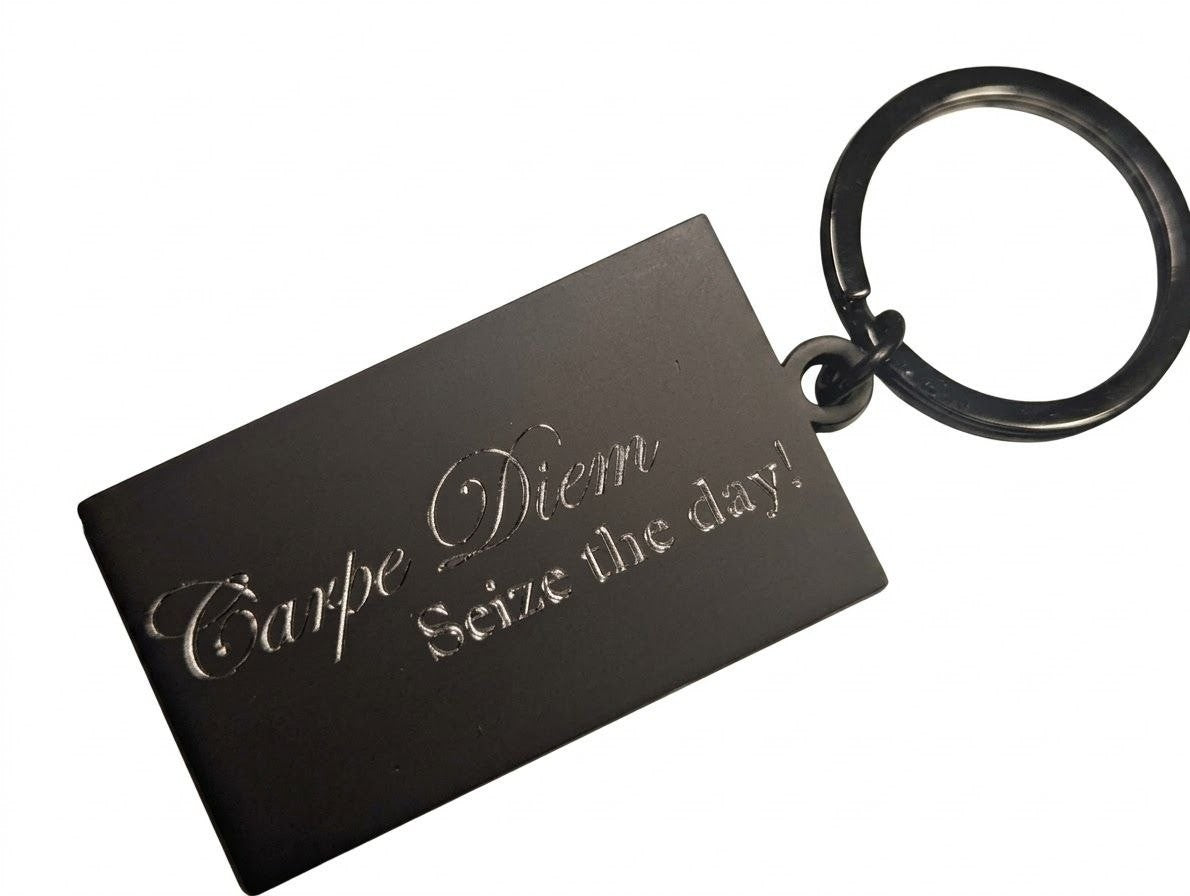 Carpe Diem engraved in Edwardian script on a gunmetal keyring