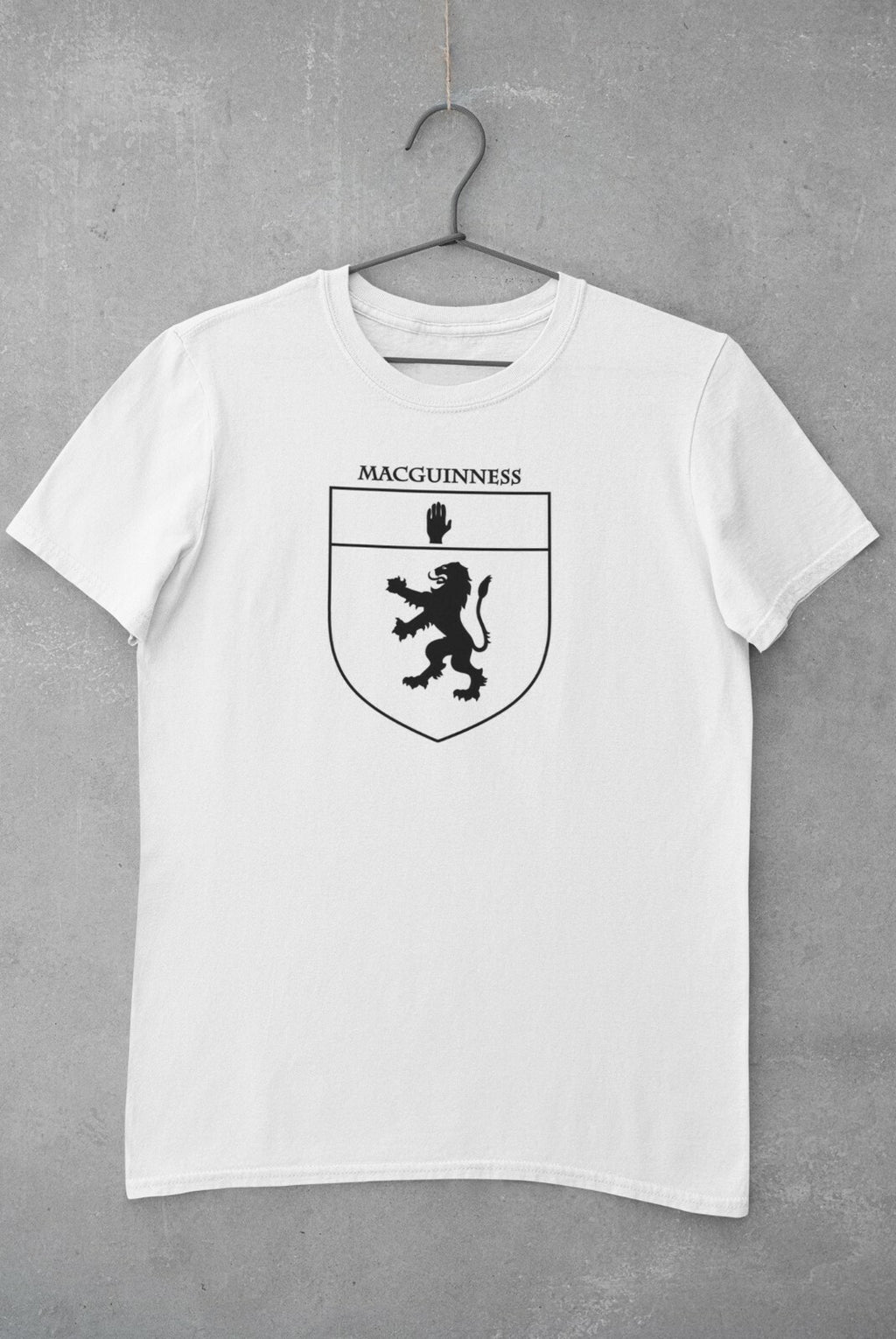MacGuinness family crest printed on a white cotton T-shirt – view 2
