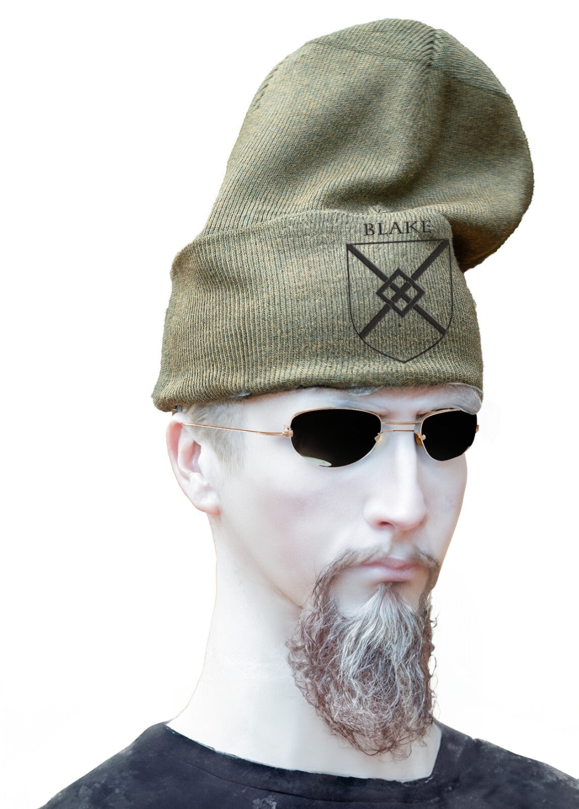 Olive green beanie hat printed with an Irish family crest – view 3