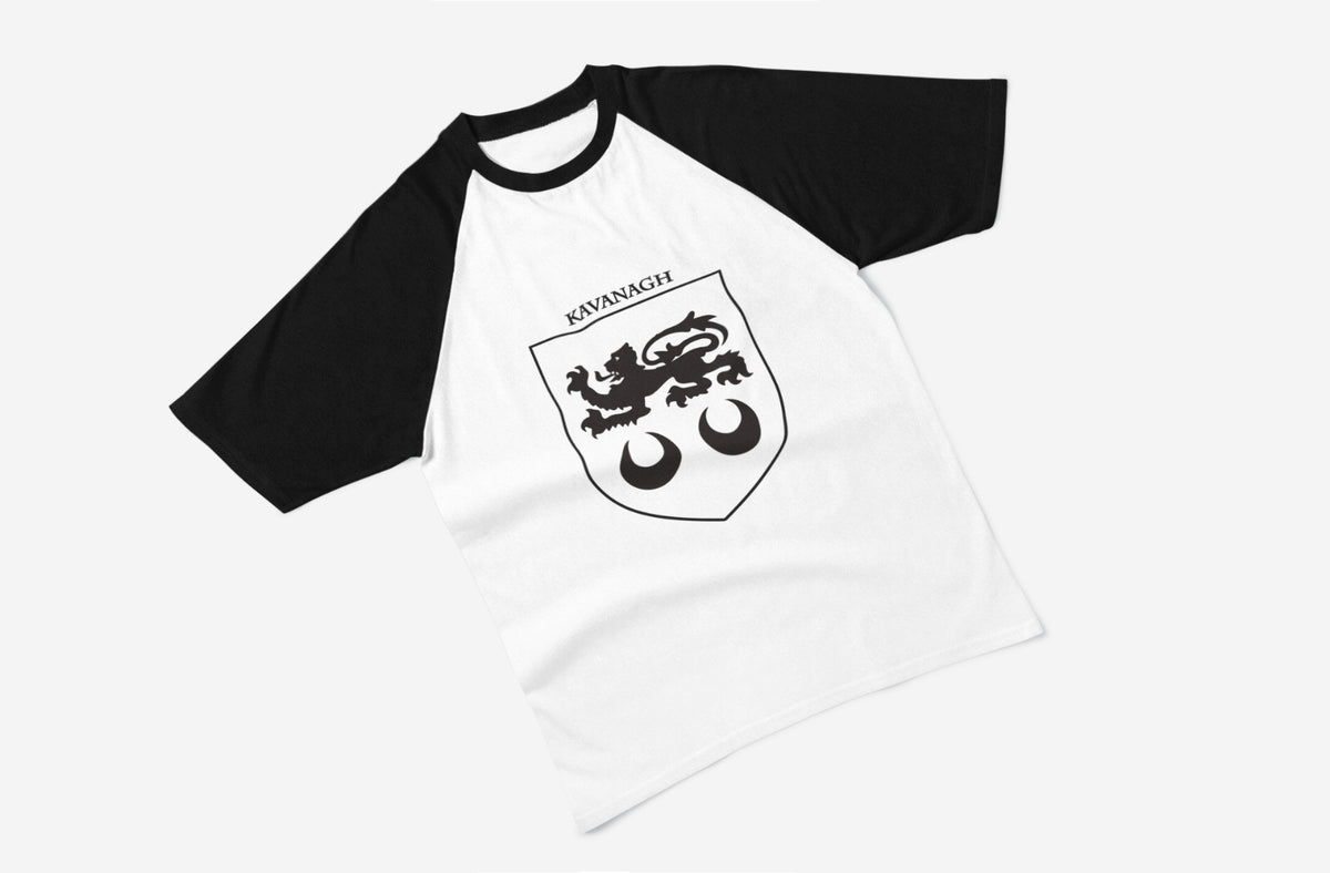 Kavanagh family crest raglan T-shirt in black and white
