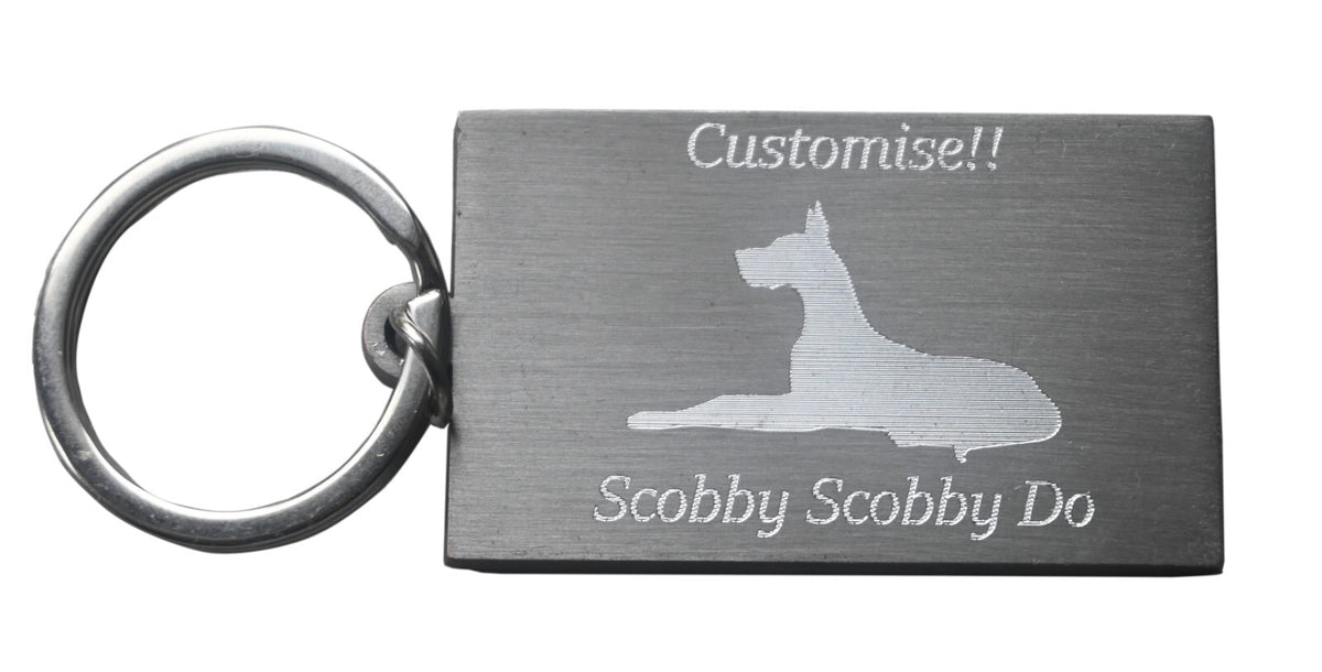 Great Dane engraved on a brushed steel keyring