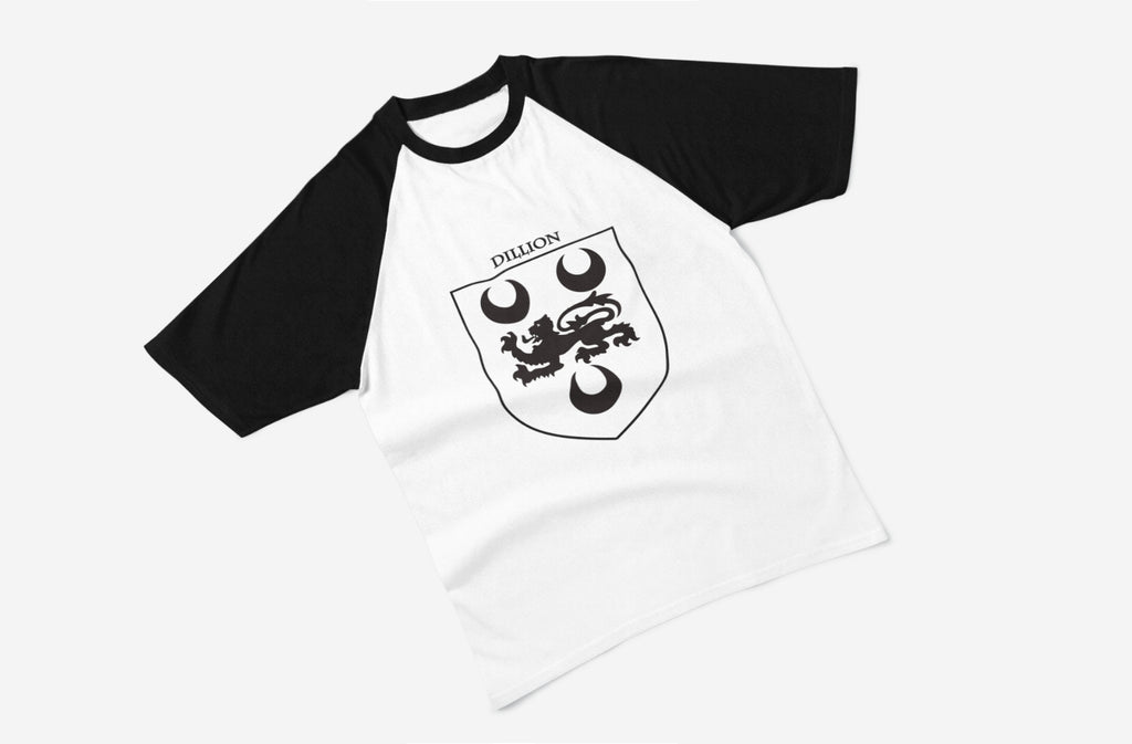 Dillon family crest raglan T-shirt in black and white