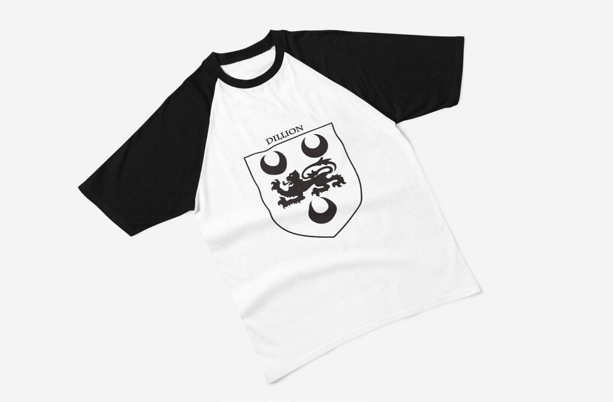 Dillon family crest raglan T-shirt in black and white