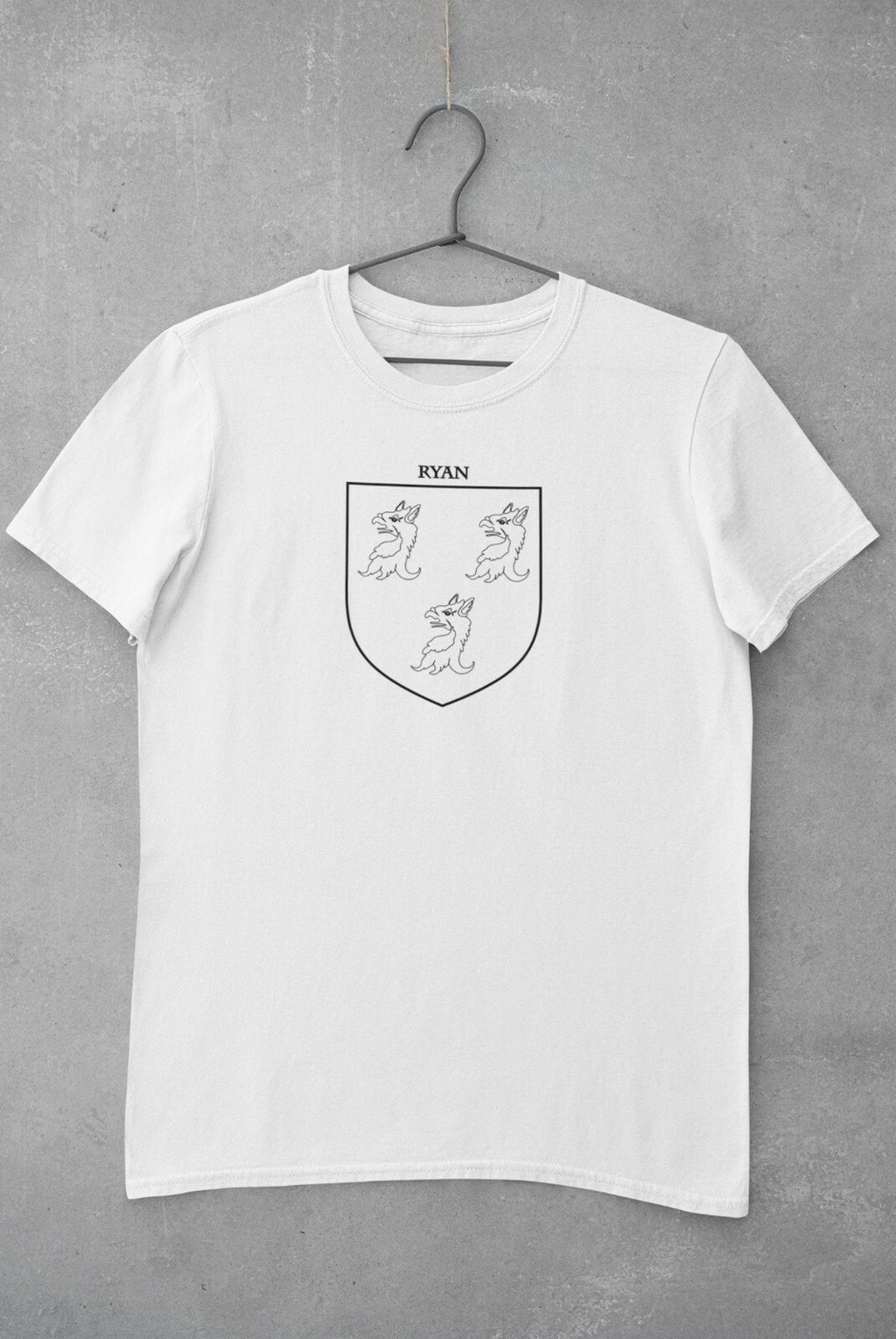 Ryan family crest printed on a white cotton T-shirt – view 2