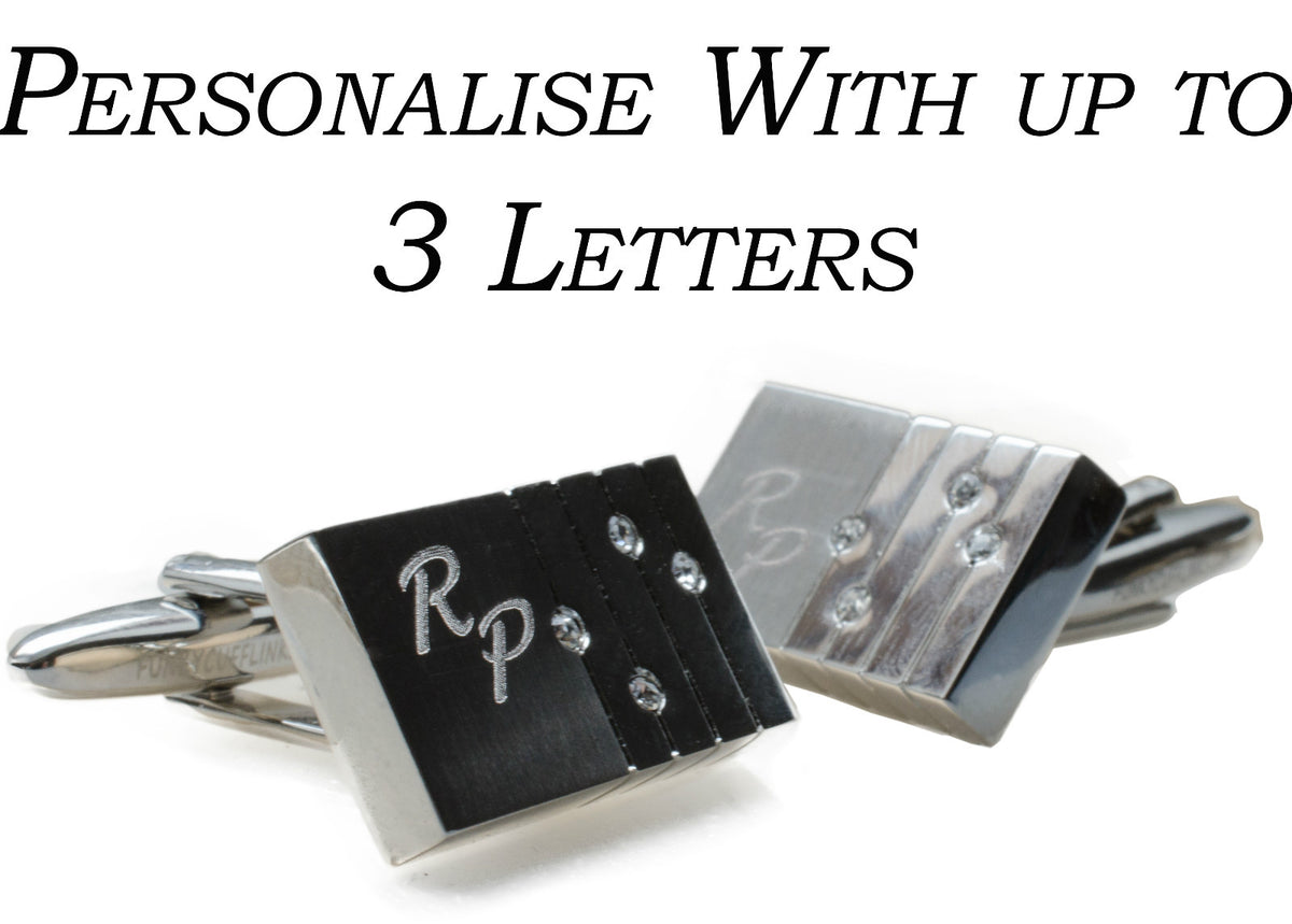 Stainless steel cufflinks with four crystals and a brushed panel for engraving