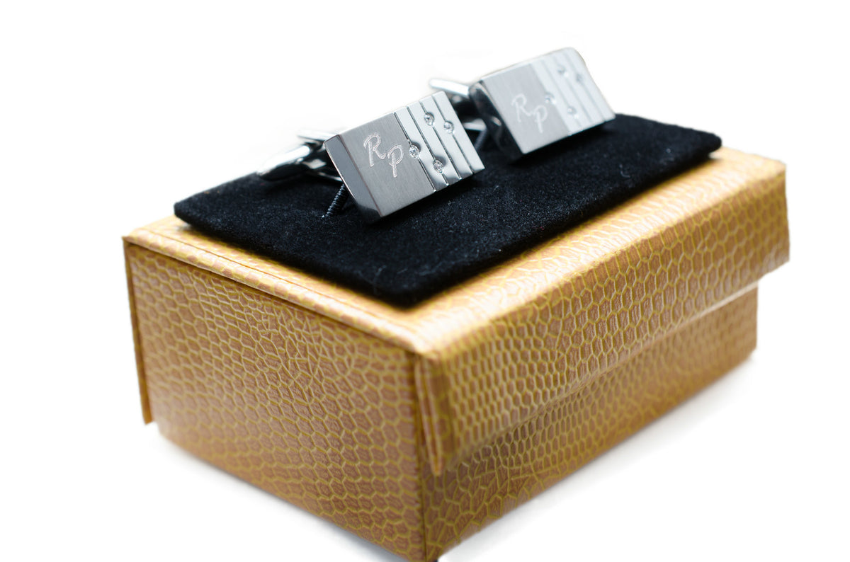 Stainless steel cufflinks with four crystals and a brushed panel for engraving – view 2