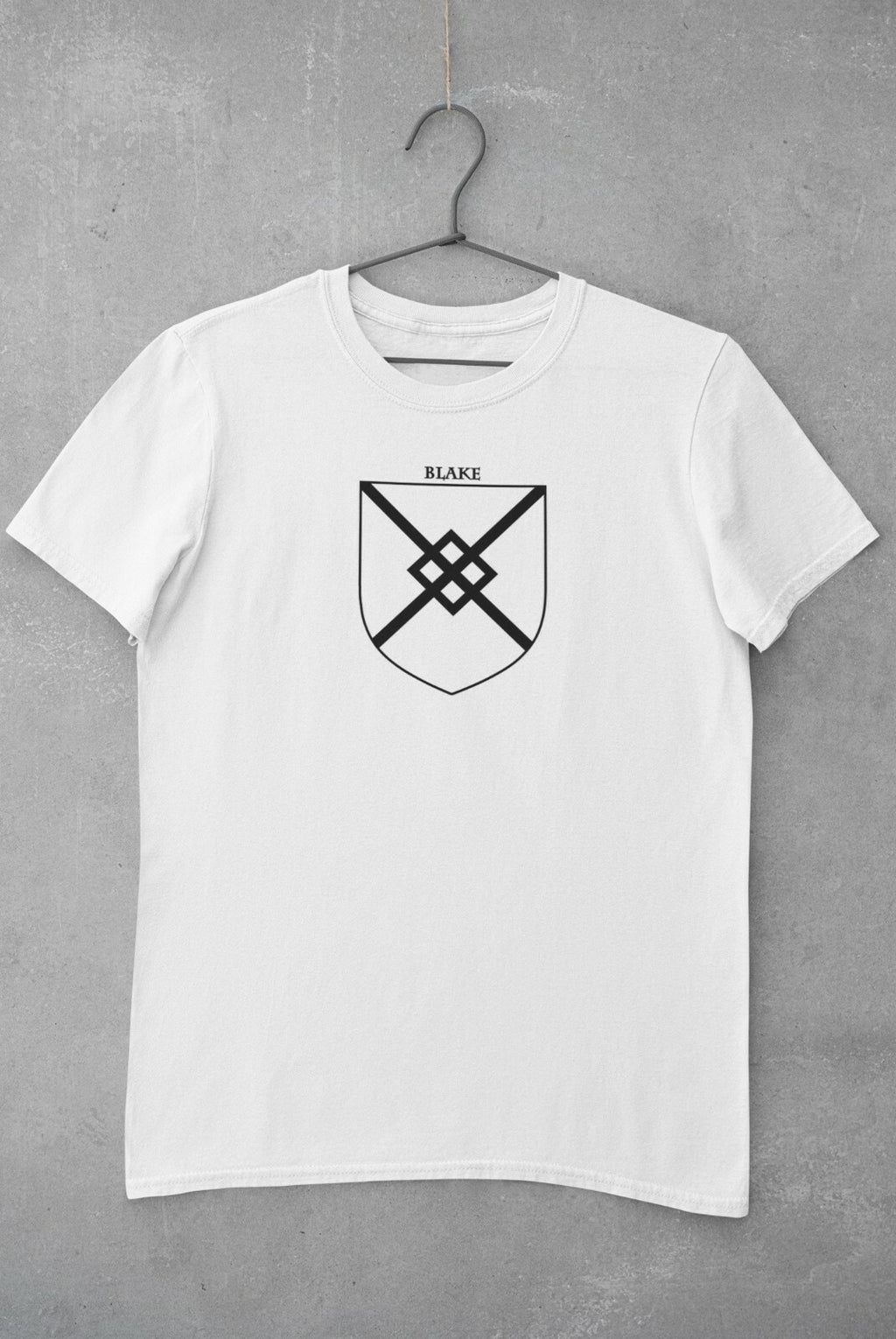 Blake family crest printed on a white cotton T-shirt