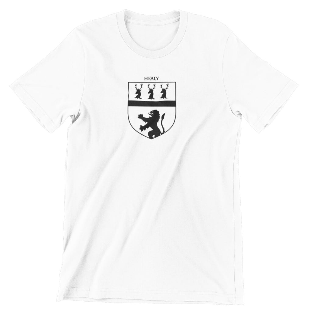 Healy family crest printed on a white cotton T-shirt