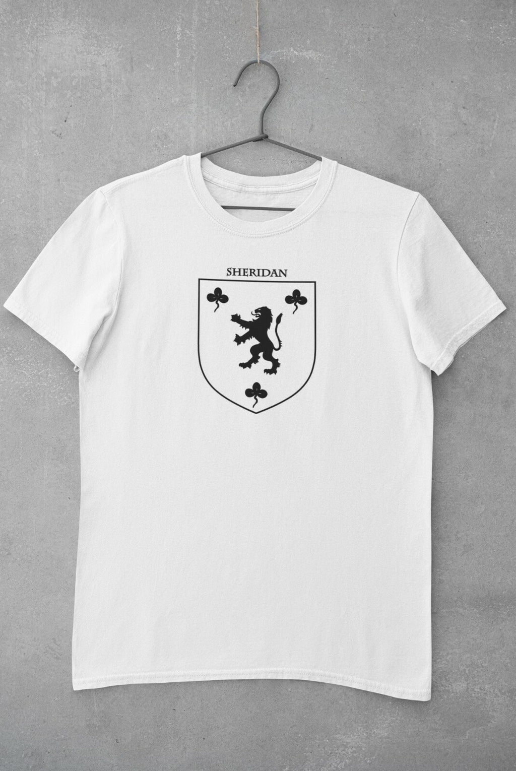 Sheridan family crest printed on a white cotton T-shirt – view 2
