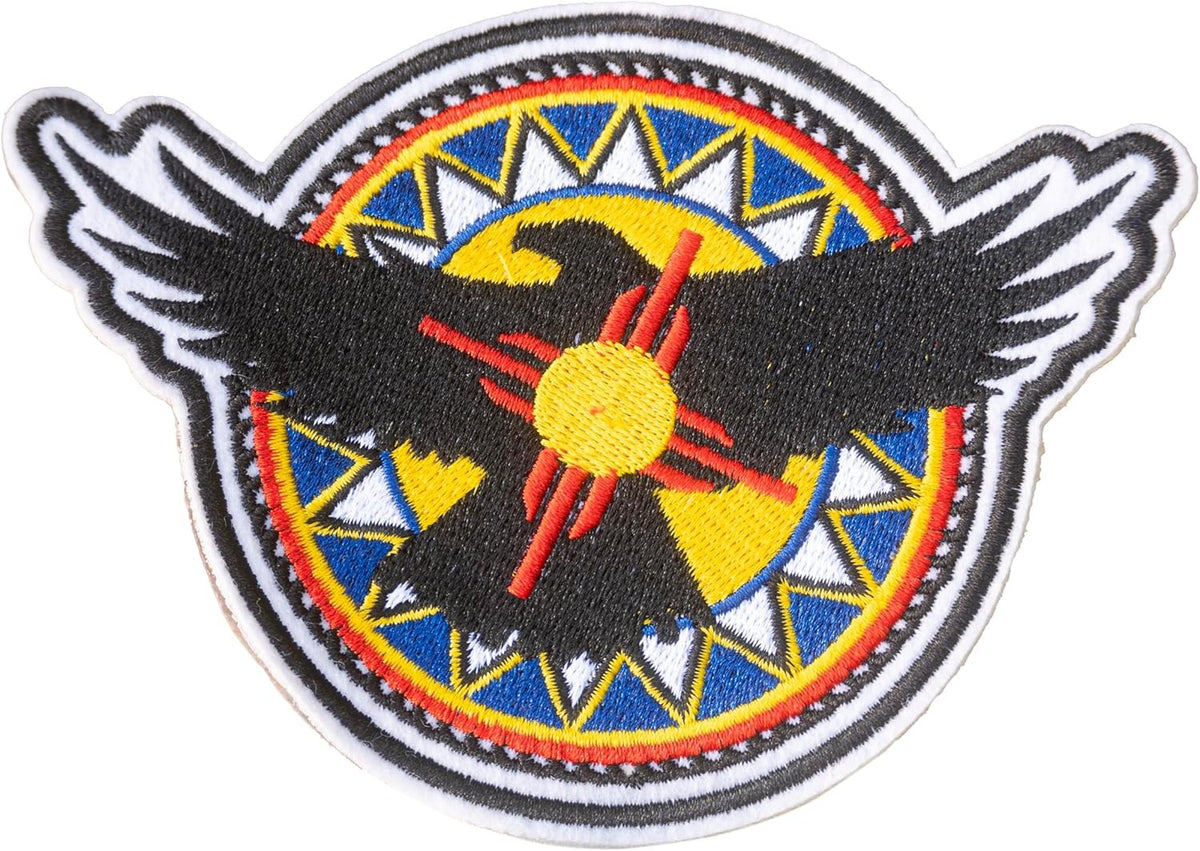Embroidered iron-on patch of a condor over a shamanic drum