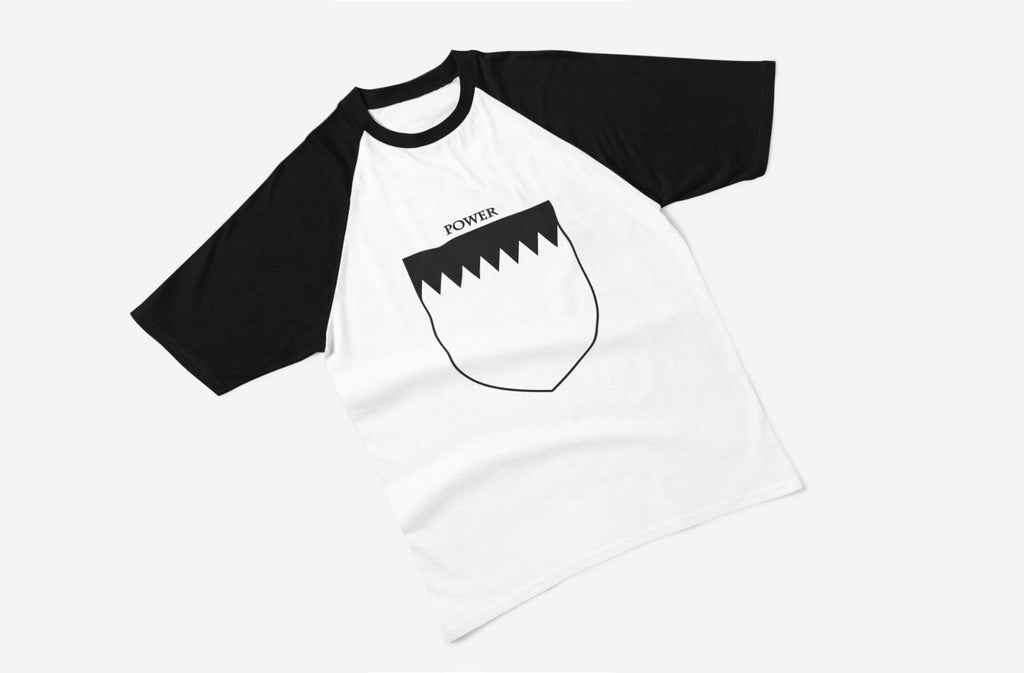 Power family crest raglan T-shirt in black and white