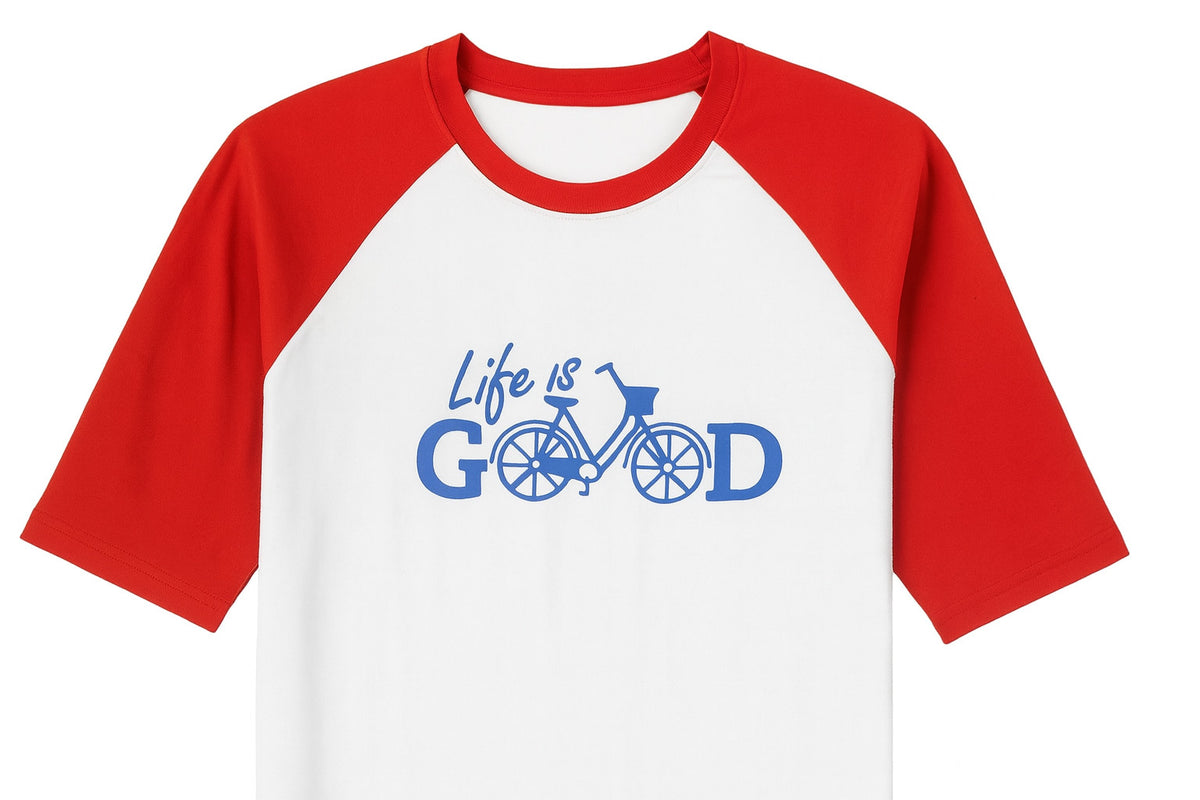 White raglan T-shirt with red sleeves printed with an old bicycle spelling Life is Good