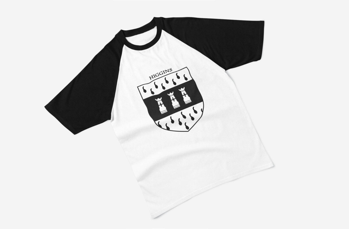 Higgins family crest raglan T-shirt in black and white
