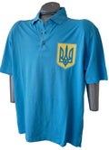 Sea blue polo shirt with the Ukrainian Tryzub trident crest on the chest