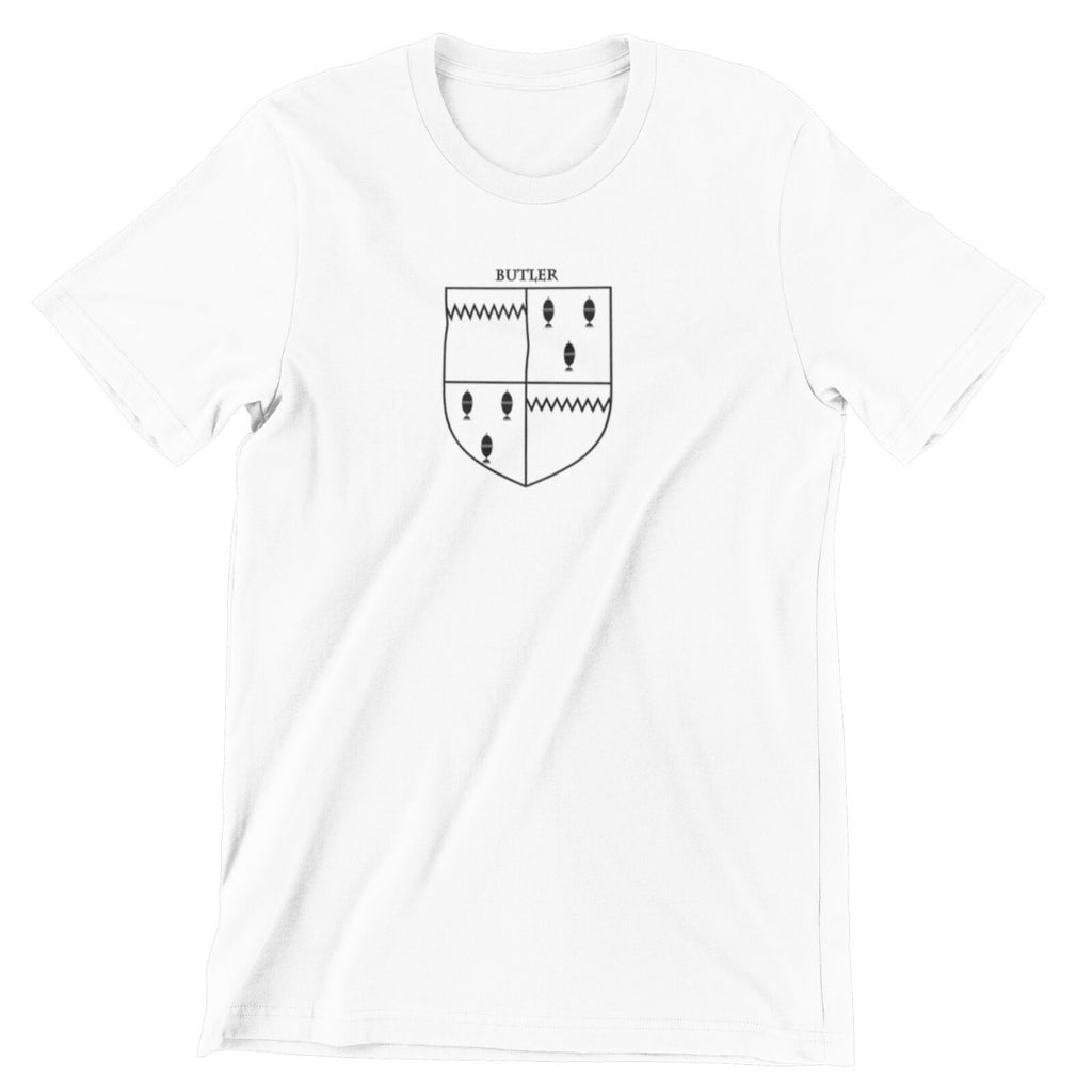 Butler family crest printed on a white cotton T-shirt