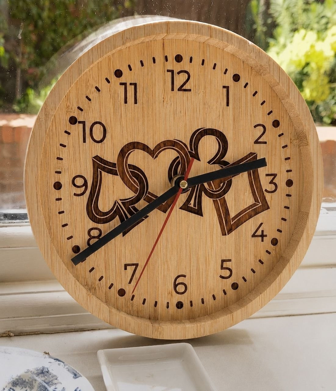 Bamboo wall clock laser engraved with playing card suits – view 2