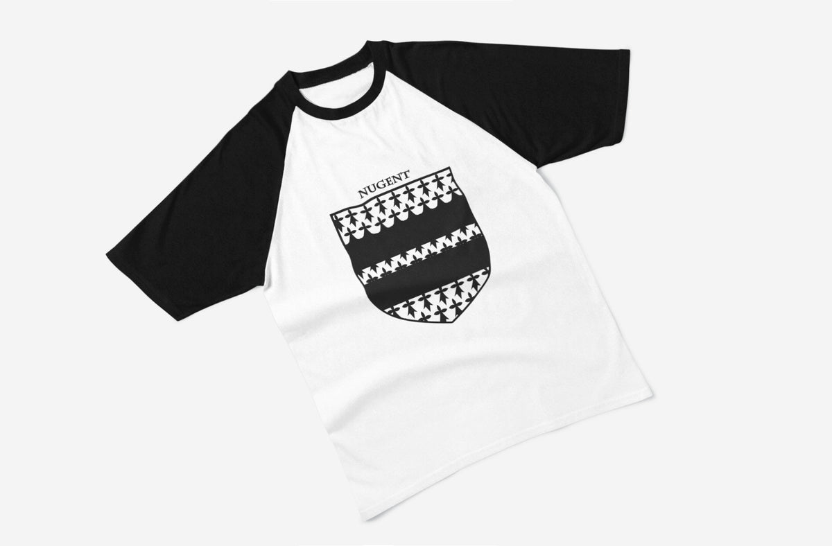 Nugent family crest raglan T-shirt in black and white
