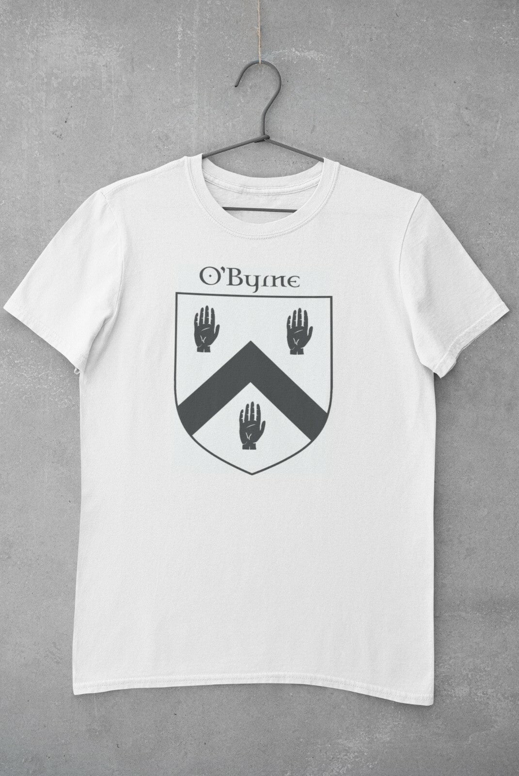 O'Byrne family crest printed on a white cotton T-shirt – view 2