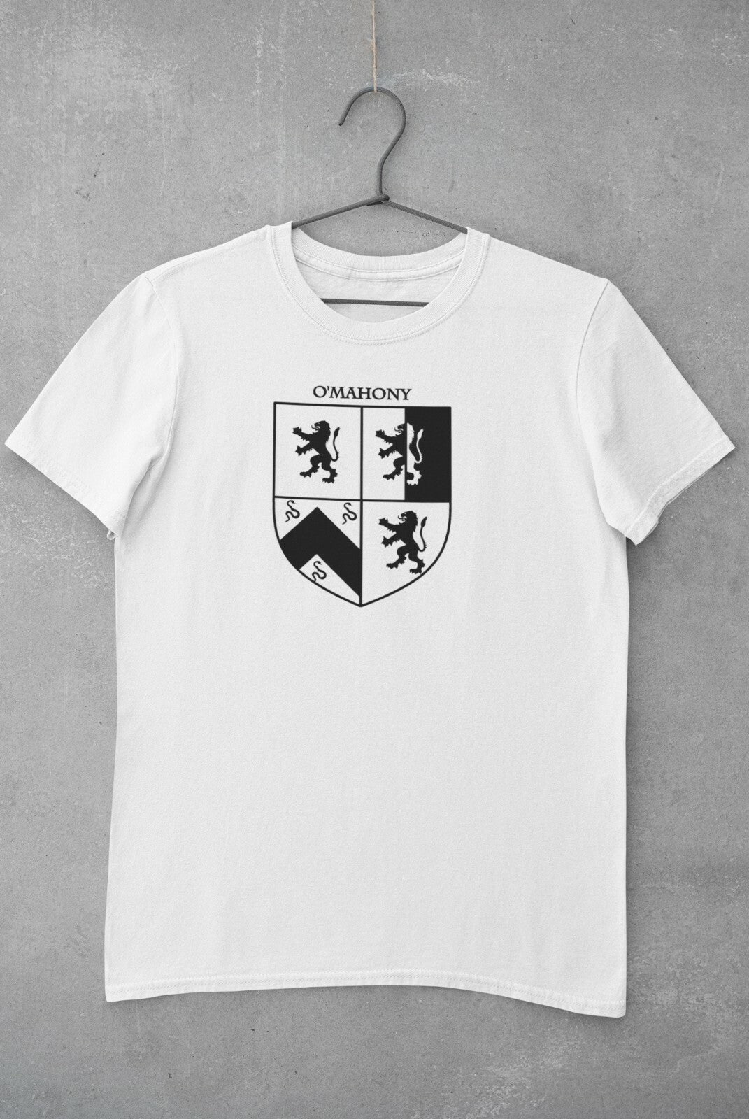 O'Mahony family crest printed on a white cotton T-shirt – view 2