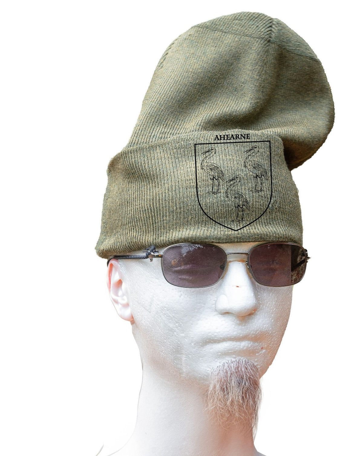 Olive green beanie hat printed with an Irish family crest – view 2