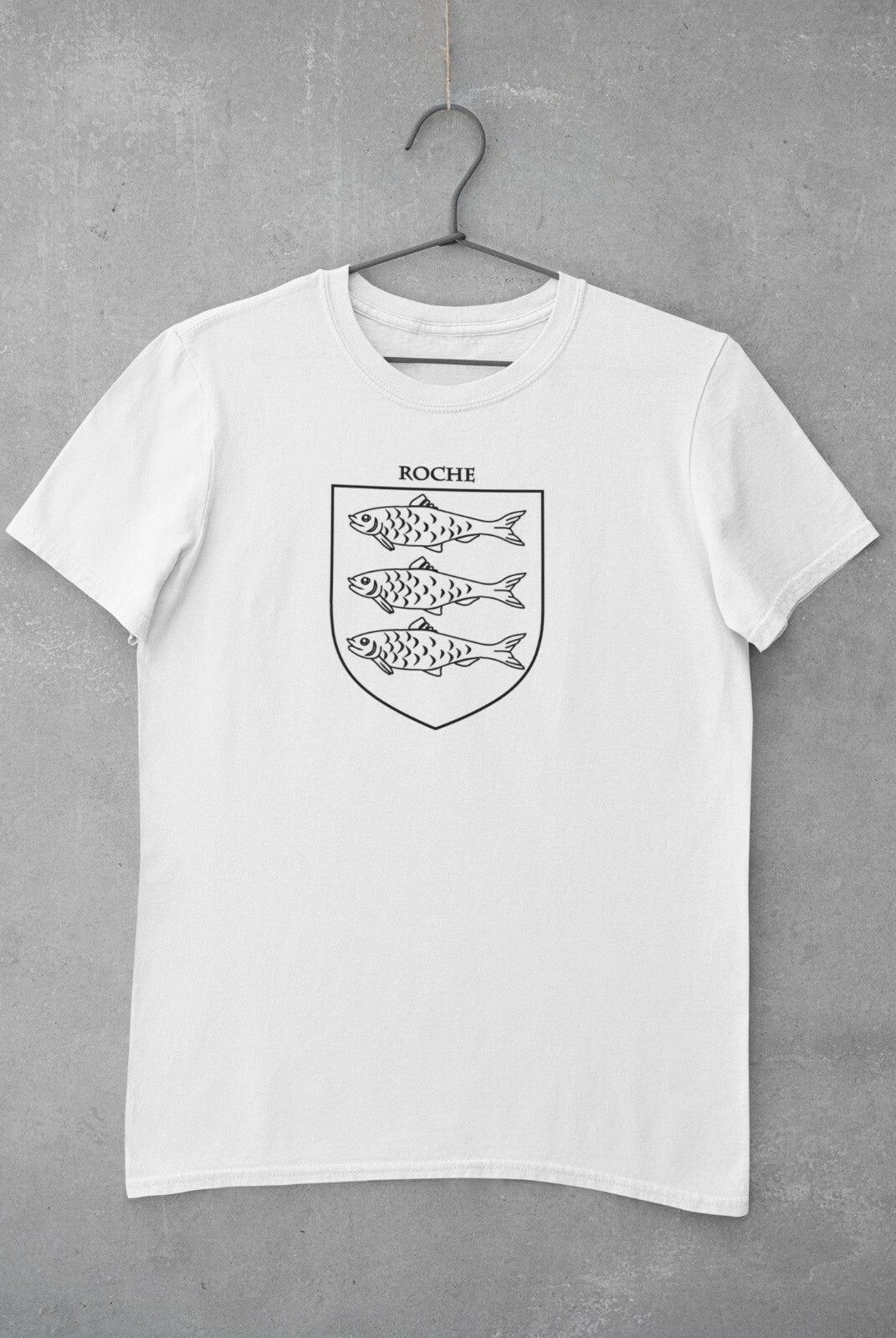 Roche family crest printed on a white cotton T-shirt – view 2