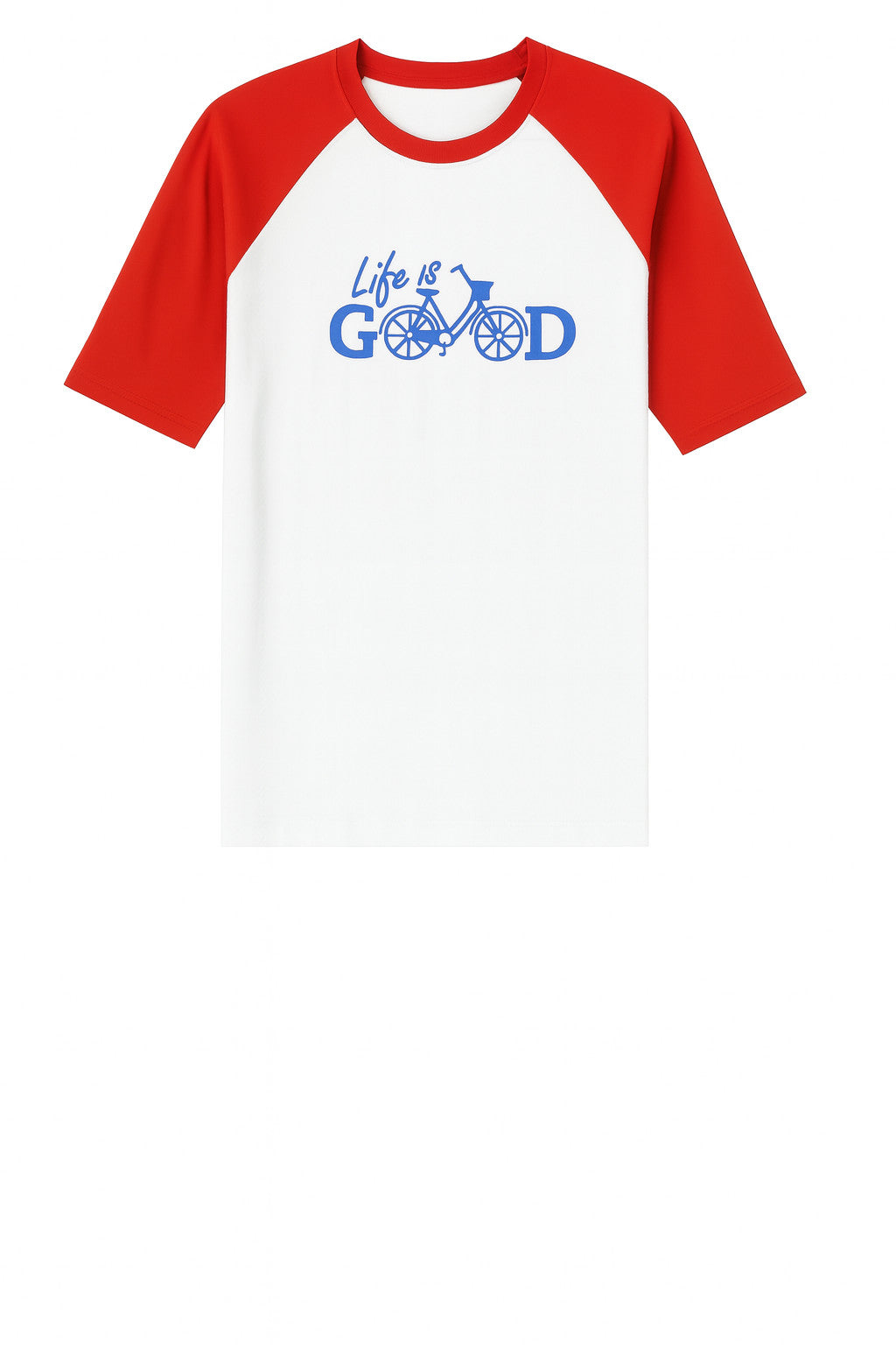White raglan T-shirt with red sleeves printed with an old bicycle spelling Life is Good – view 2
