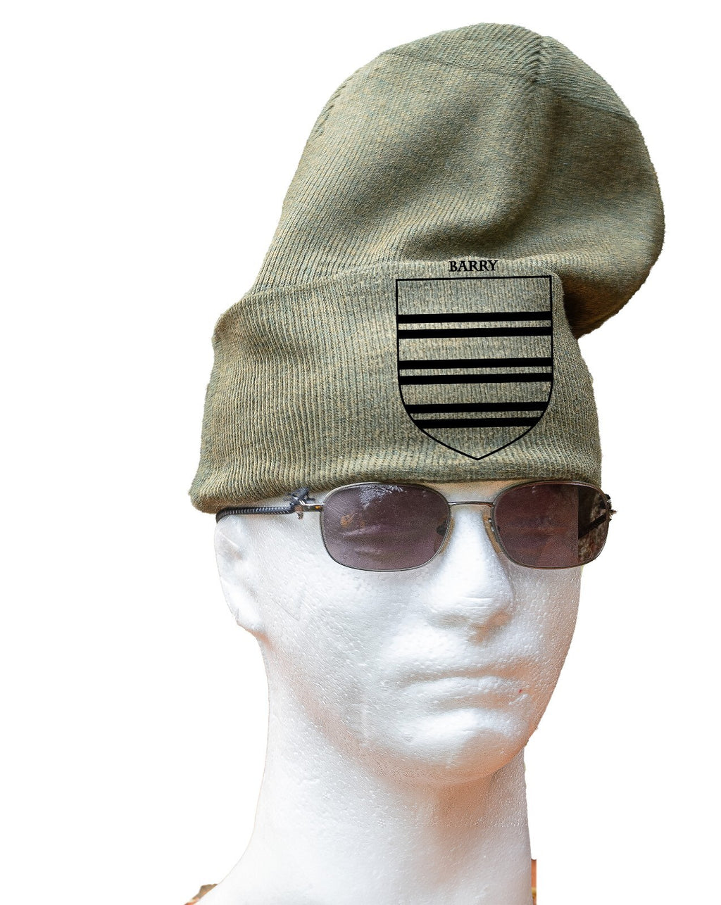 Olive green beanie hat printed with an Irish family crest – view 5