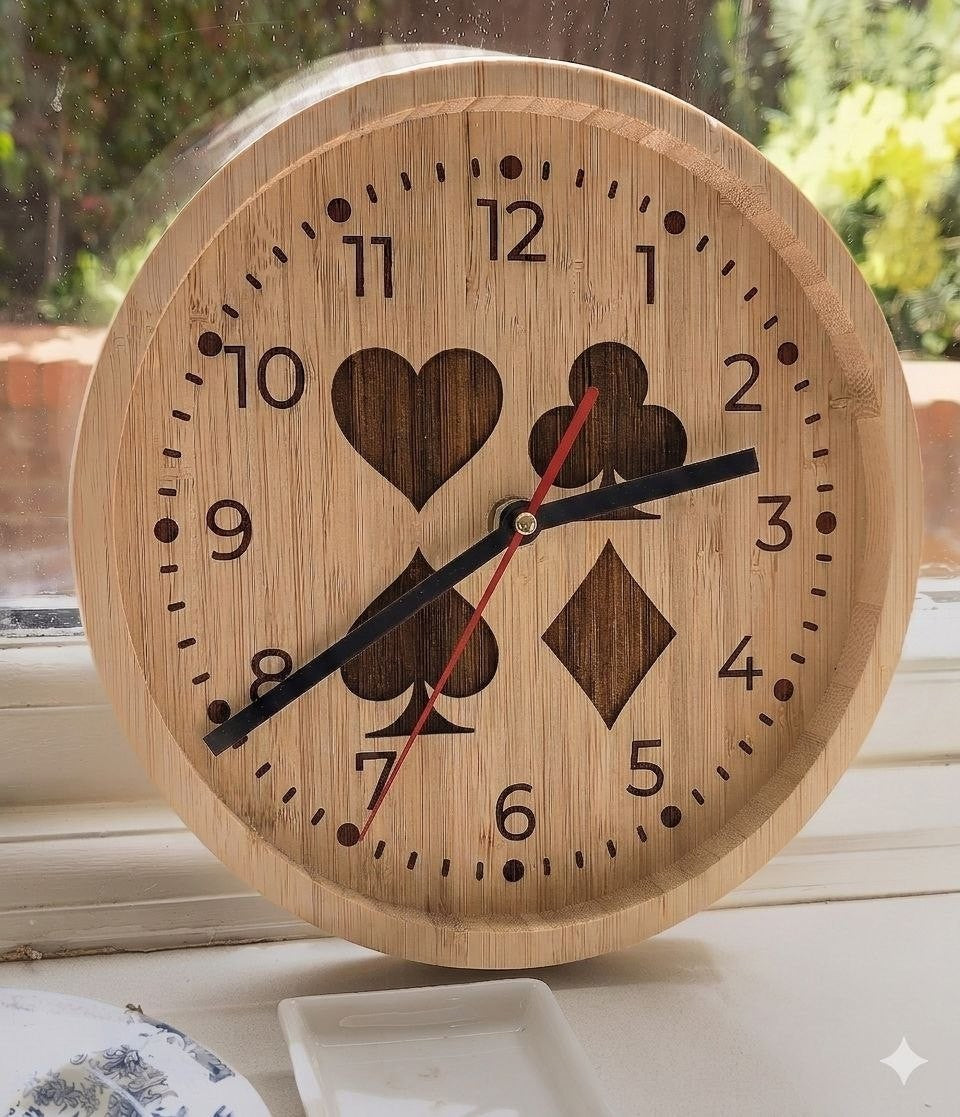 Bamboo wall clock laser engraved with playing card suits