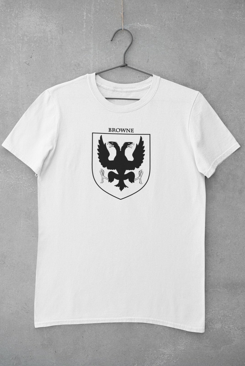 Browne family crest printed on a white cotton T-shirt