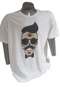 White T-shirt printed with a hipster sugar skull wearing sunglasses and a bow tie