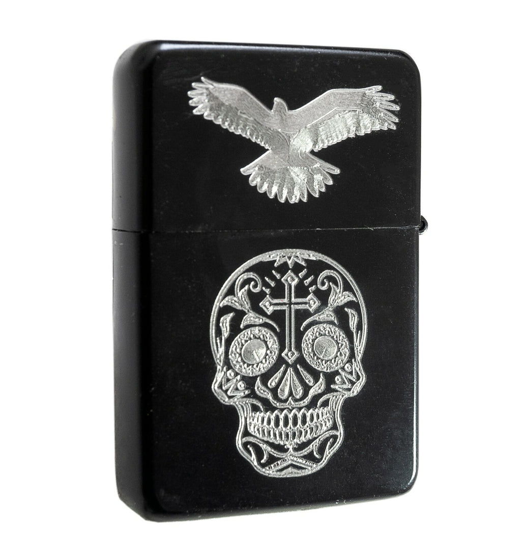 Black flip-top lighter engraved with Day of the Dead sugar skull designs
