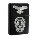 Black flip-top lighter engraved with Day of the Dead sugar skull designs