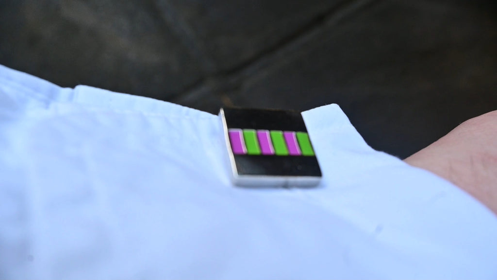 Square metal cufflinks with a row of Wimbledon green enamel squares – view 2