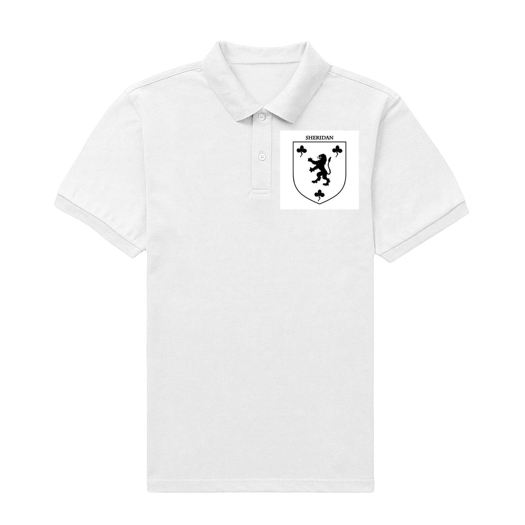 Sheridan family crest printed on a white cotton T-shirt