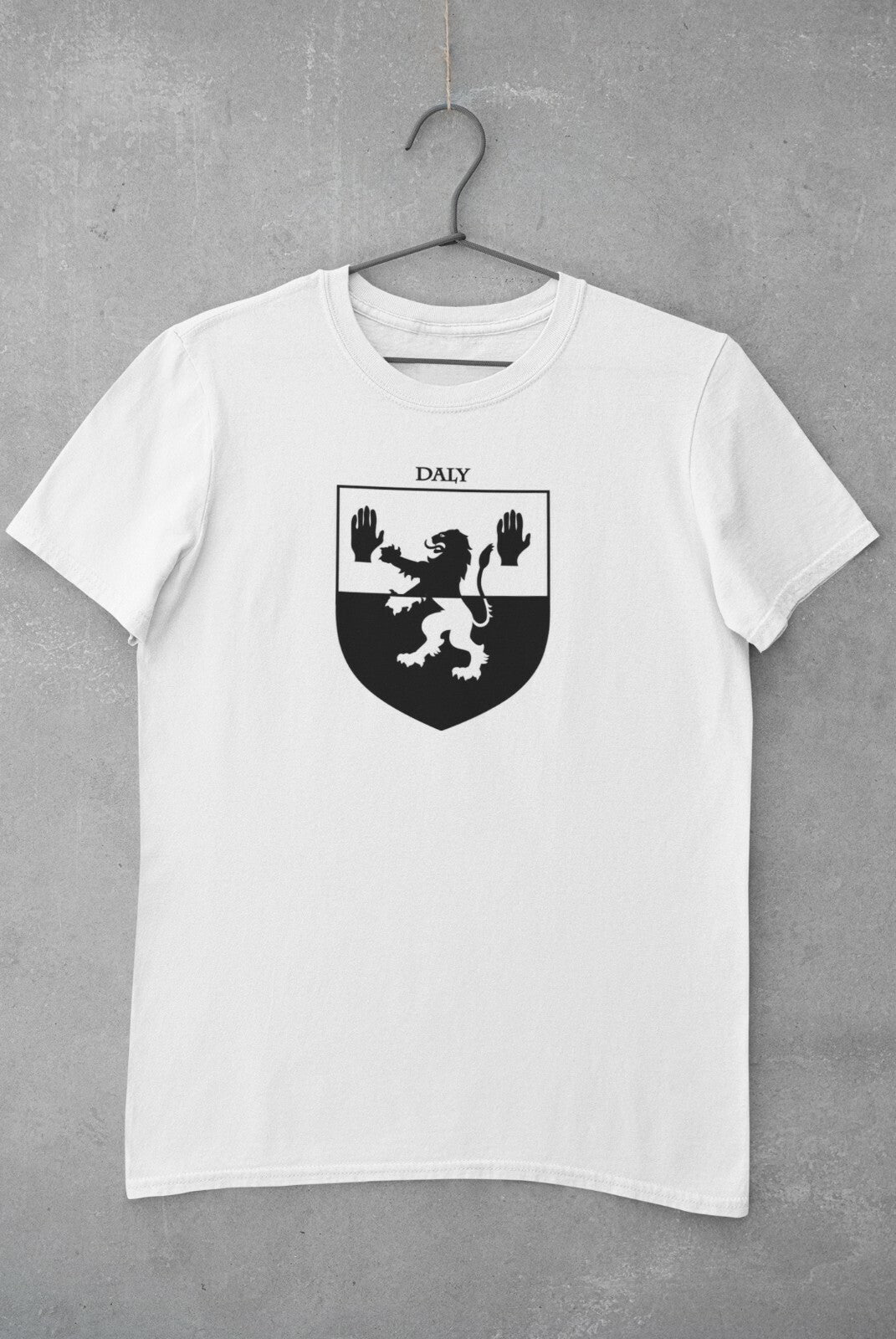 Daly family crest printed on a white cotton T-shirt