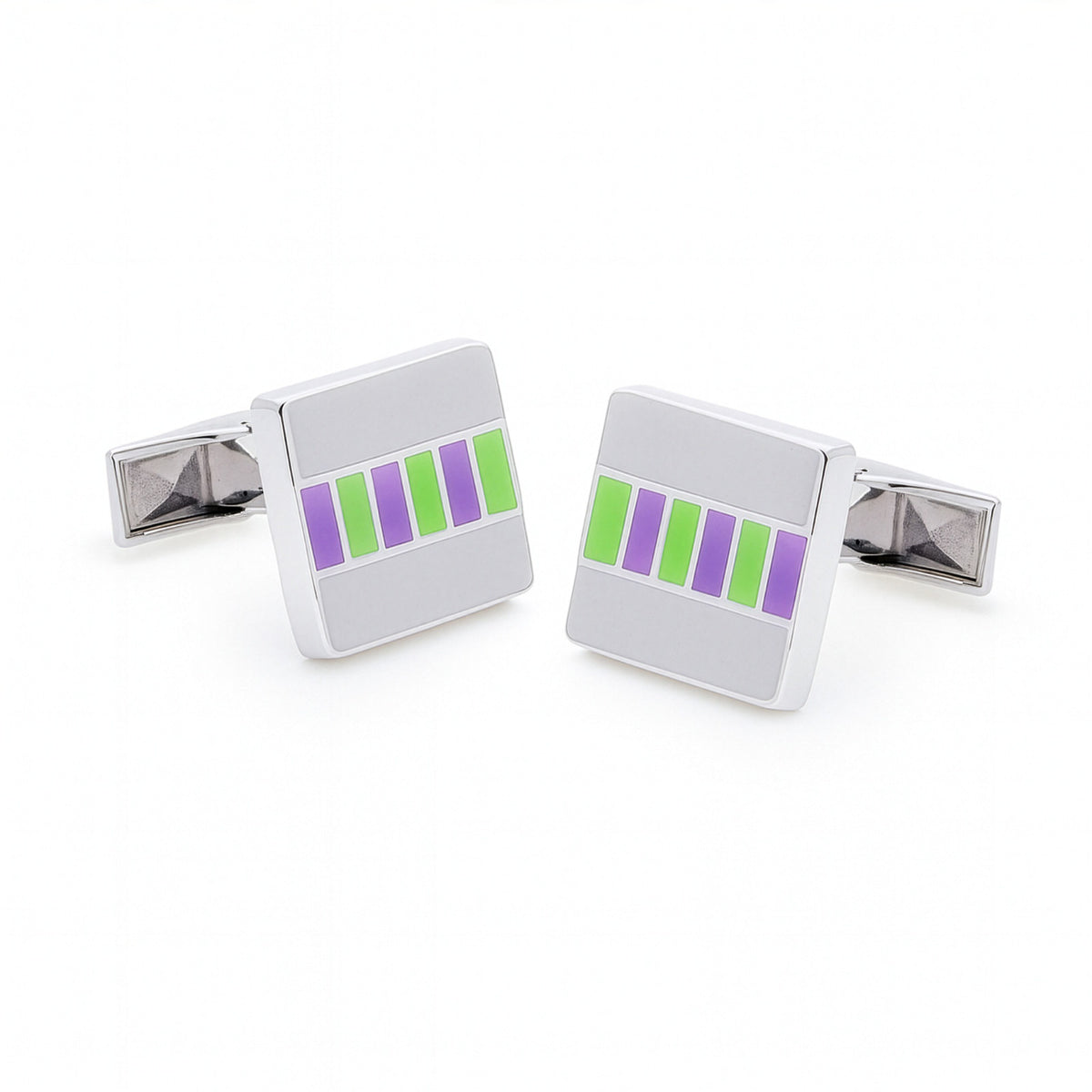 Square metal cufflinks with a row of Wimbledon green enamel squares