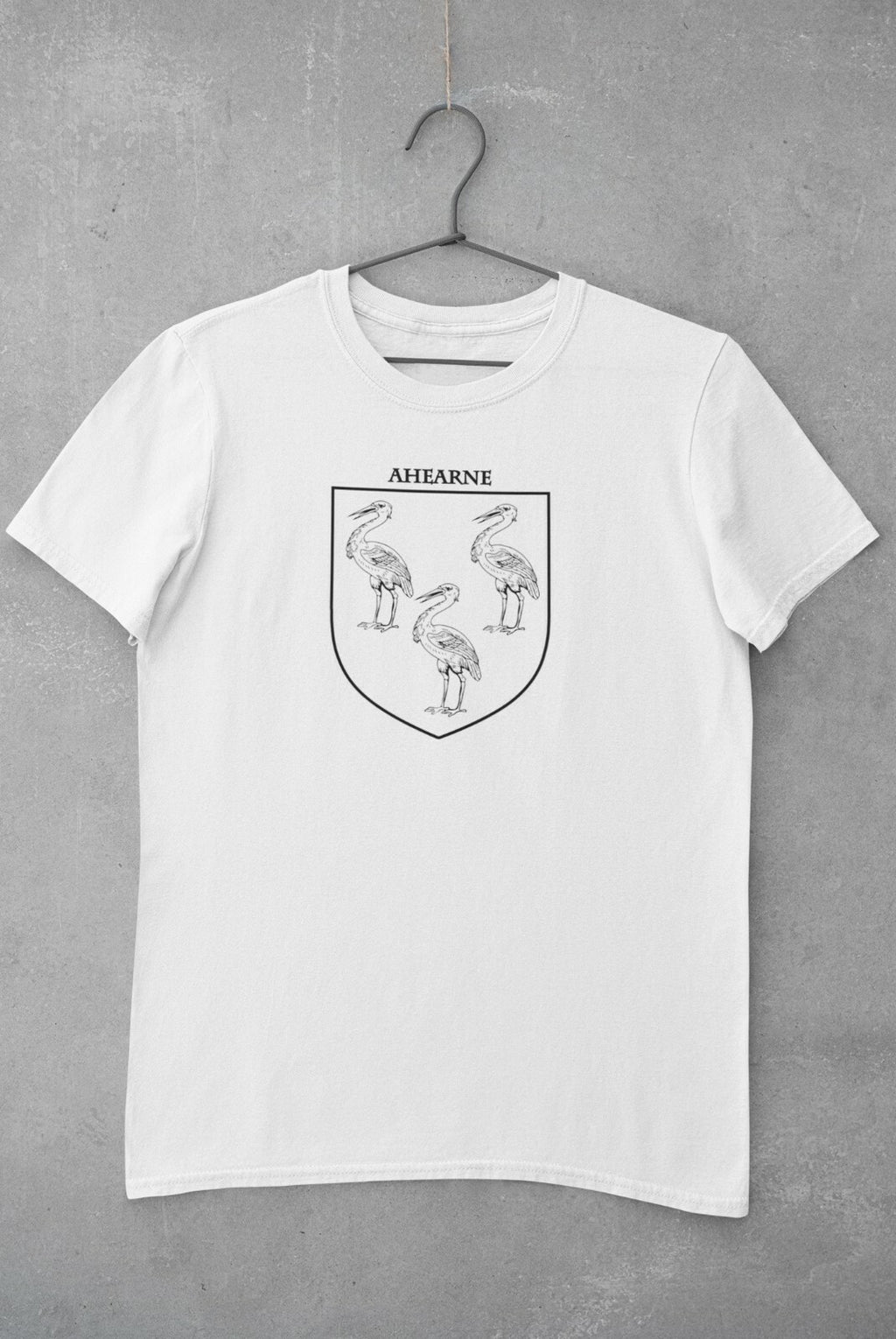 White cotton T-shirt with the Ahearne family crest