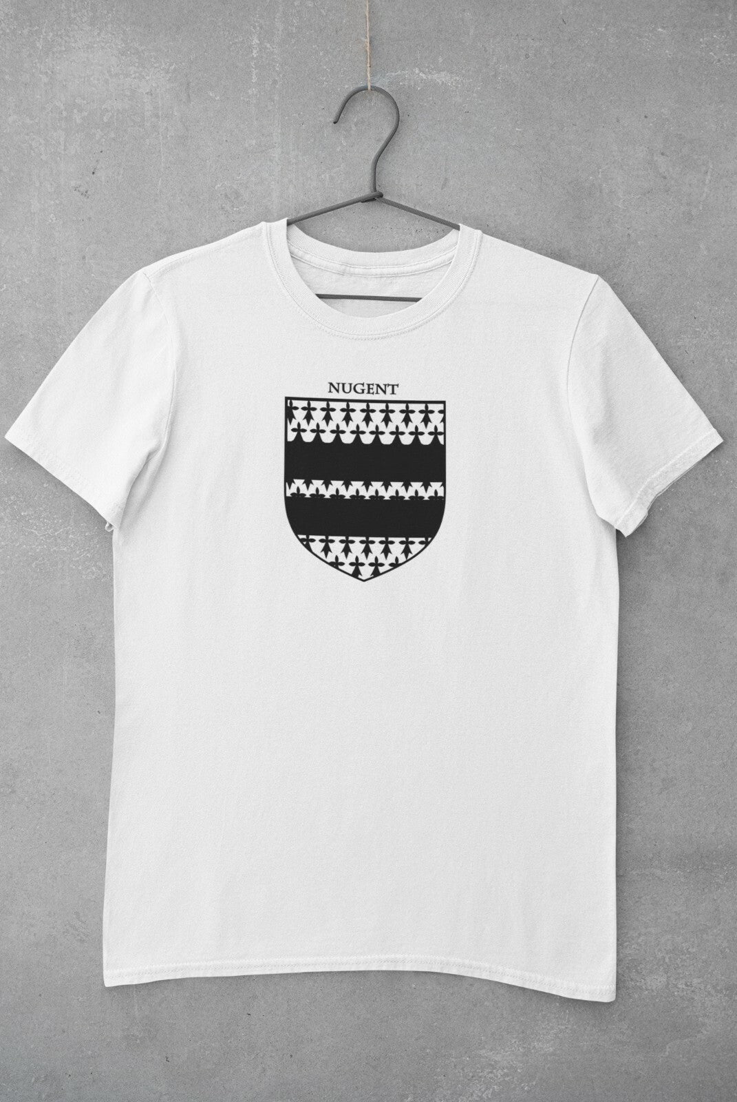 Nugent family crest printed on a white cotton T-shirt – view 2