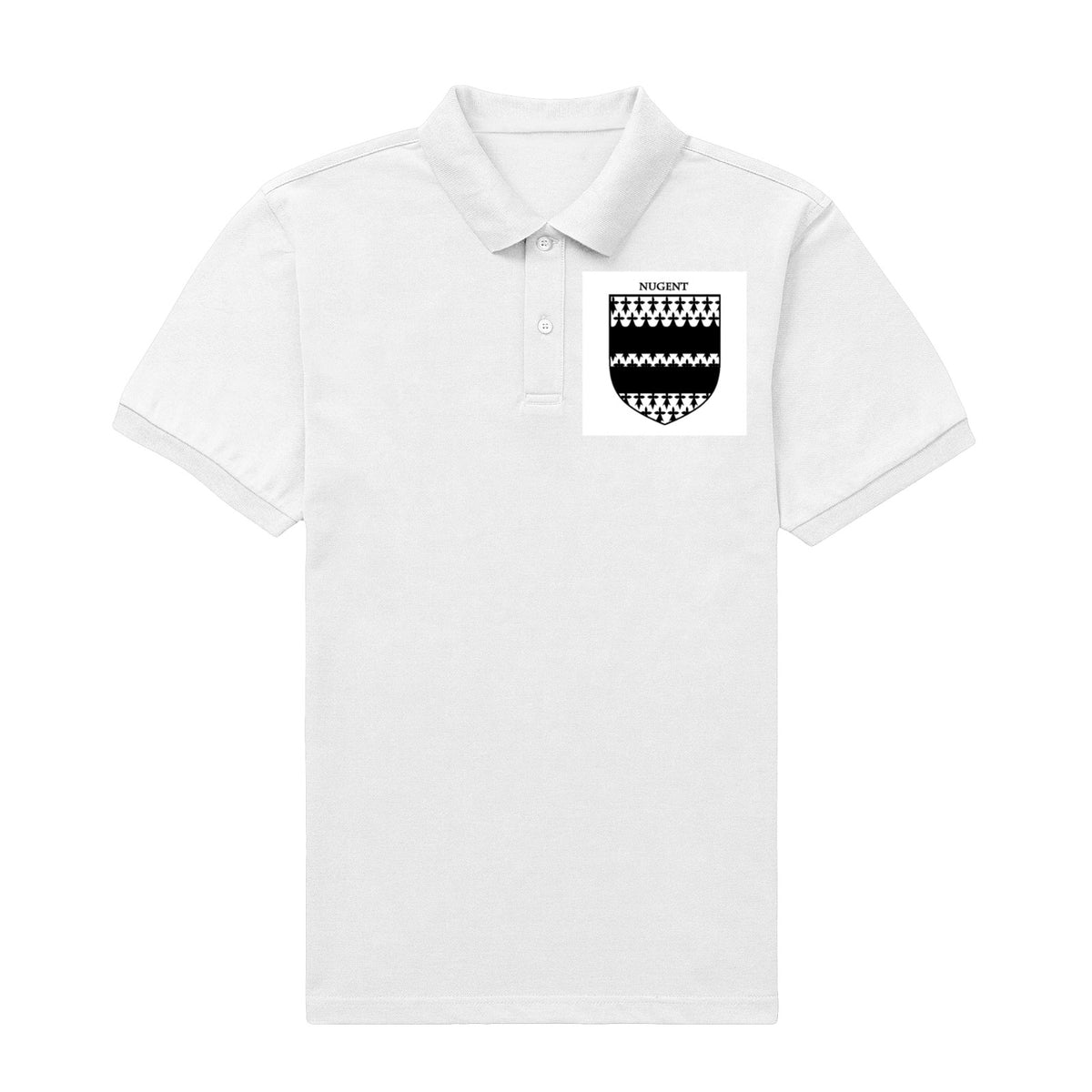 Nugent family crest printed on a white cotton T-shirt