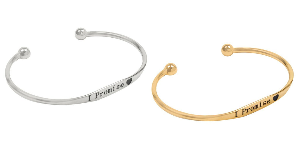 Cuff bracelet engraved with the words I promise and a heart